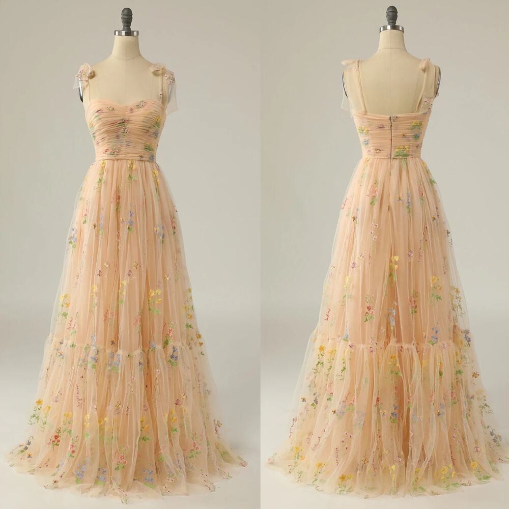 Neutral Cream Tulle Tie Straps Long A Line Flower Embroidered Prom Formal Dress - Picture 2 of 13